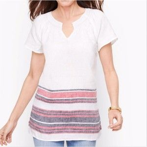Talbots Linen Top Short Sleeve White Blue Red Striped Size M